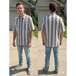 TRUST Men's XL Short Sleeve Button Up Linen Blend Striped Shirt Navy Green Tan